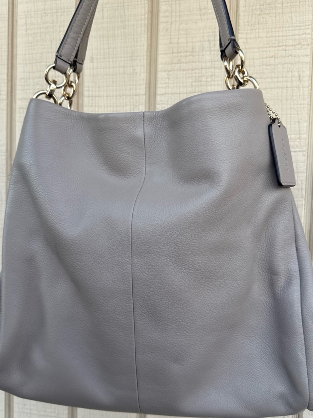 Coach Gray Pebble Leather Shoulder Bag with Gold Hardware